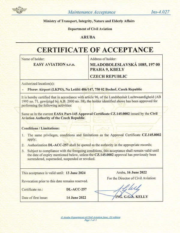 Certificate of Acceptance – Aruba